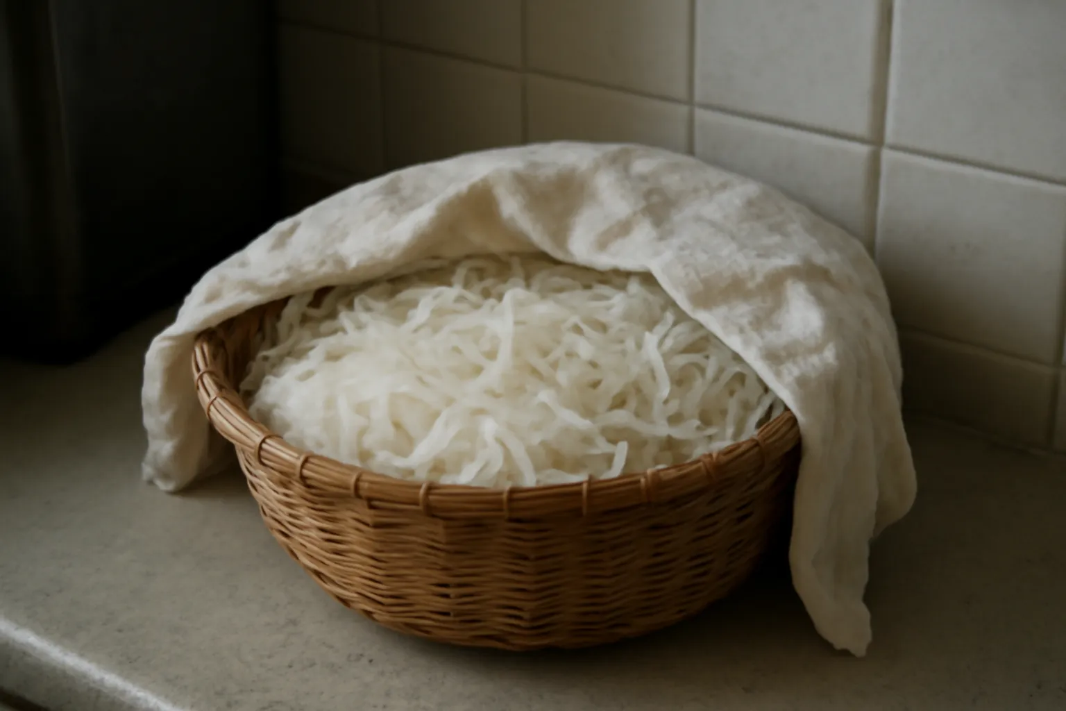 Rổ bún tươi phủ khăn ẩm đặt nơi thoáng