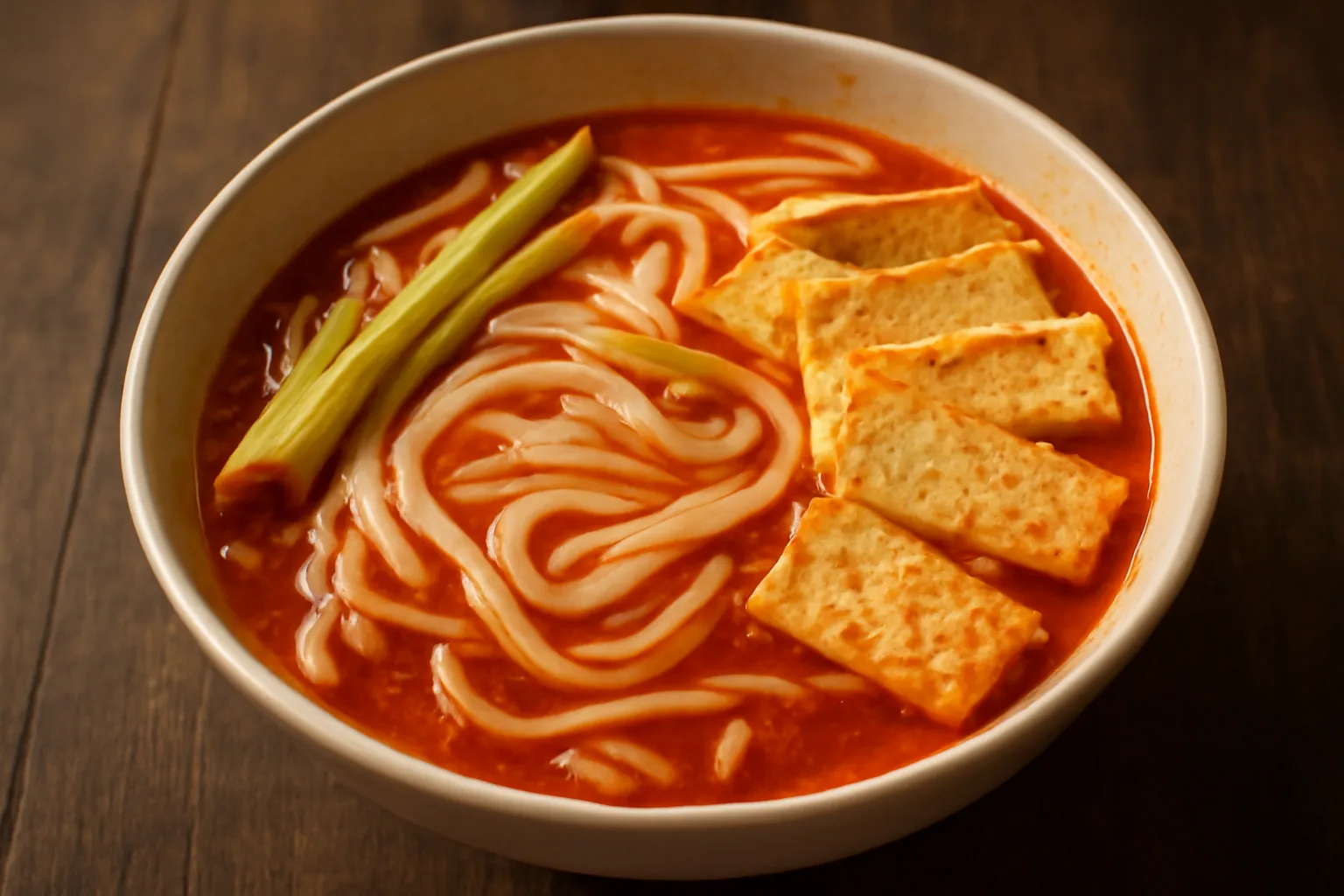 Tô bún bò Huế chay đỏ cam với sợi bún to và chả chay