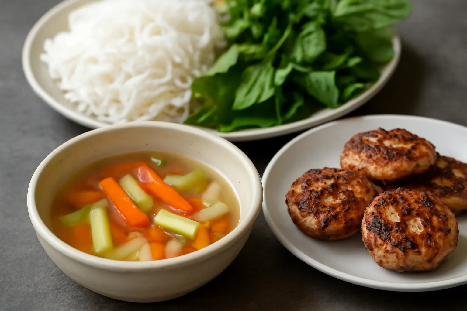 Bát nước chấm bún chả với đồ chua và chả nấm nướng