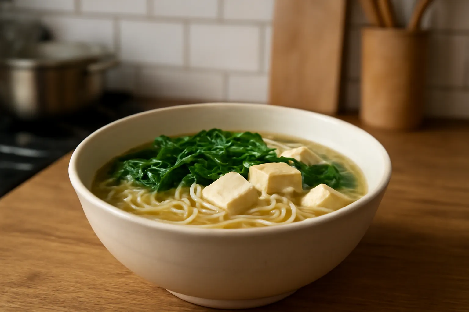 Tô bún nước giản dị với rau cải và đậu phụ