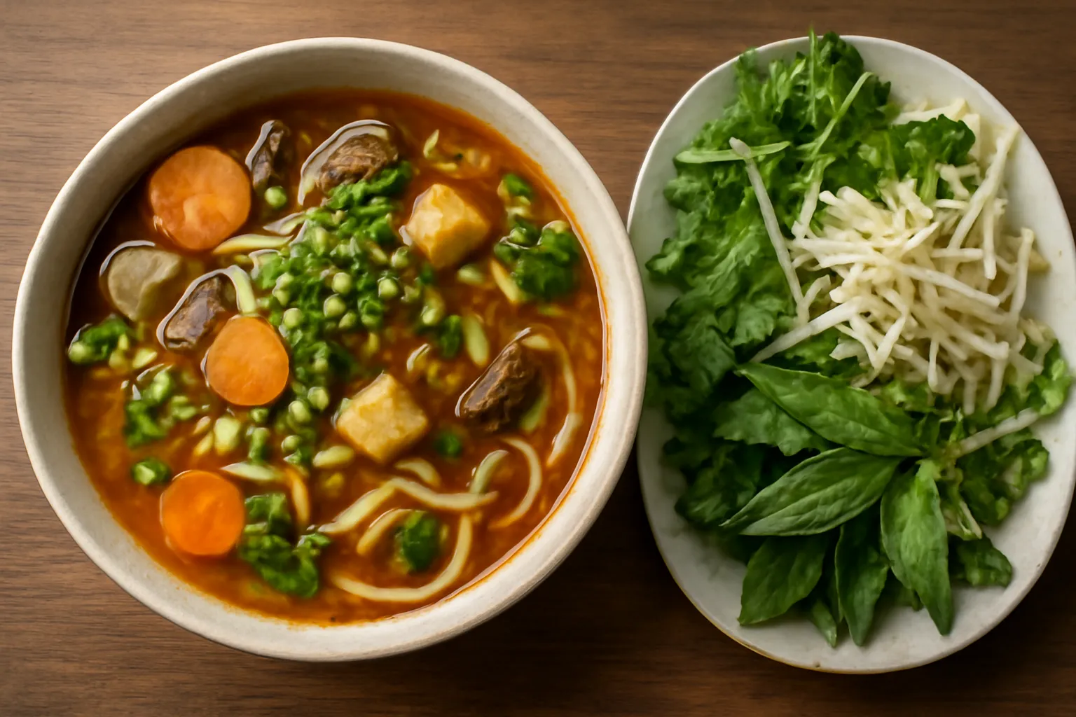 Tô bún chay miền Nam với rổ rau lớn bên cạnh