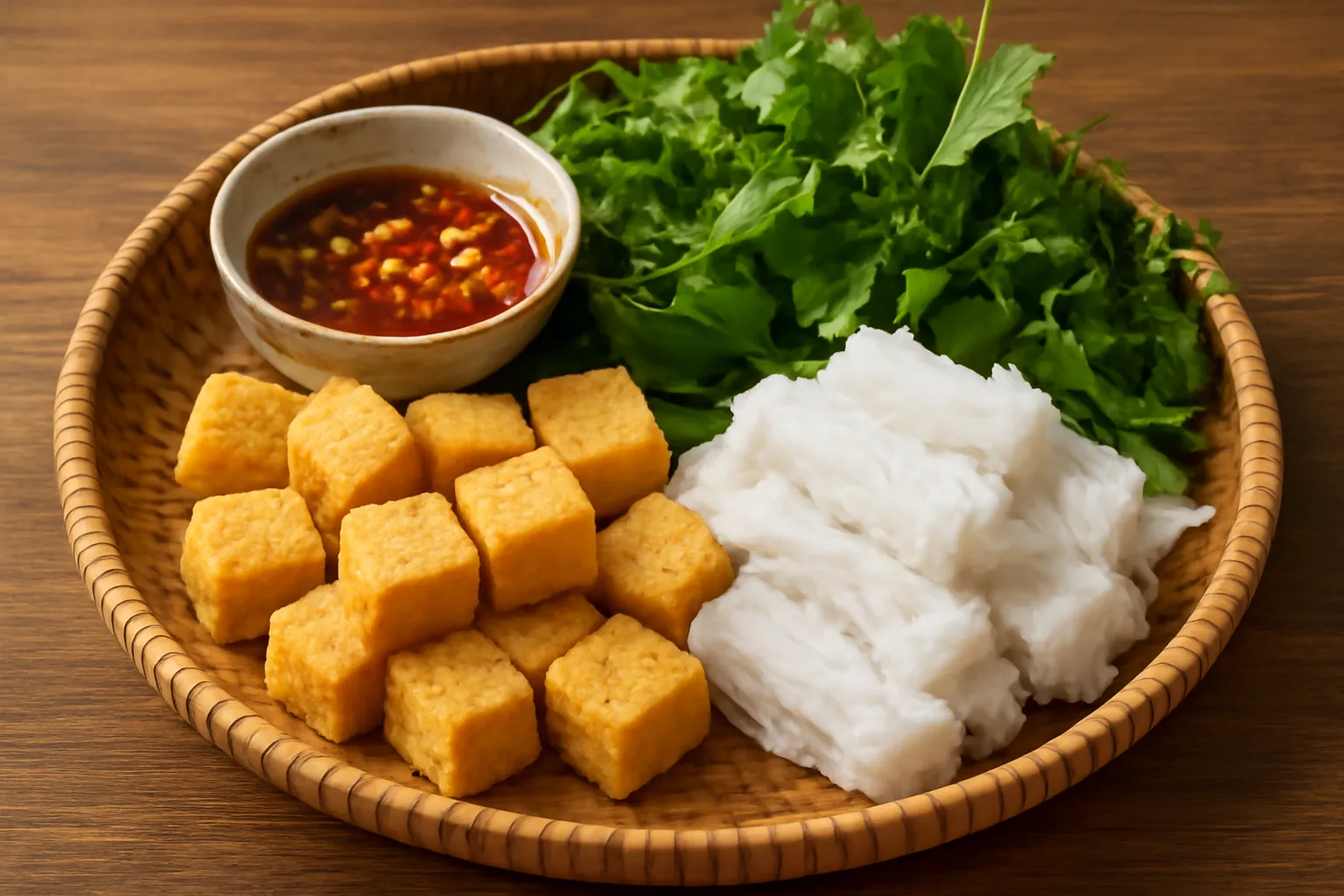 Mẹt bún đậu chay với đậu rán vàng rau sống và bát chấm