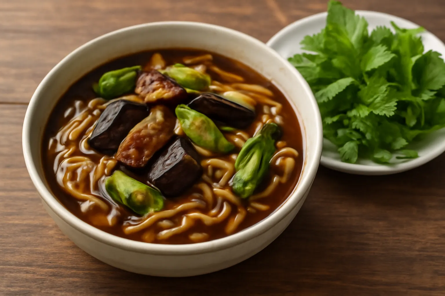 Tô bún mắm chay nâu sẫm với cà tím và rau kèm