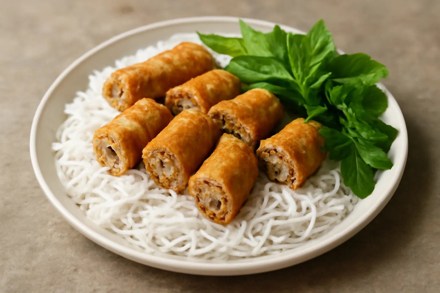 Đĩa bún với nem chay chiên vàng cắt khúc và rau sống