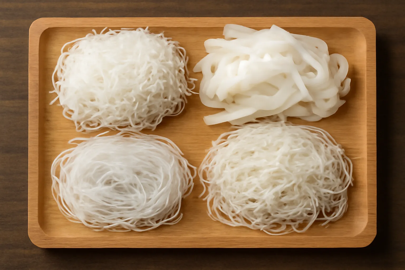 Bốn loại sợi bún phở miến hủ tiếu bày trên khay riêng