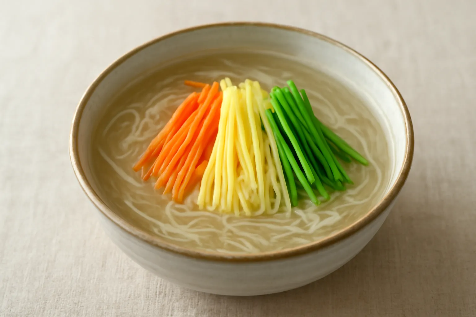 Tô bún thang chay với các nguyên liệu thái chỉ xếp hình quạt