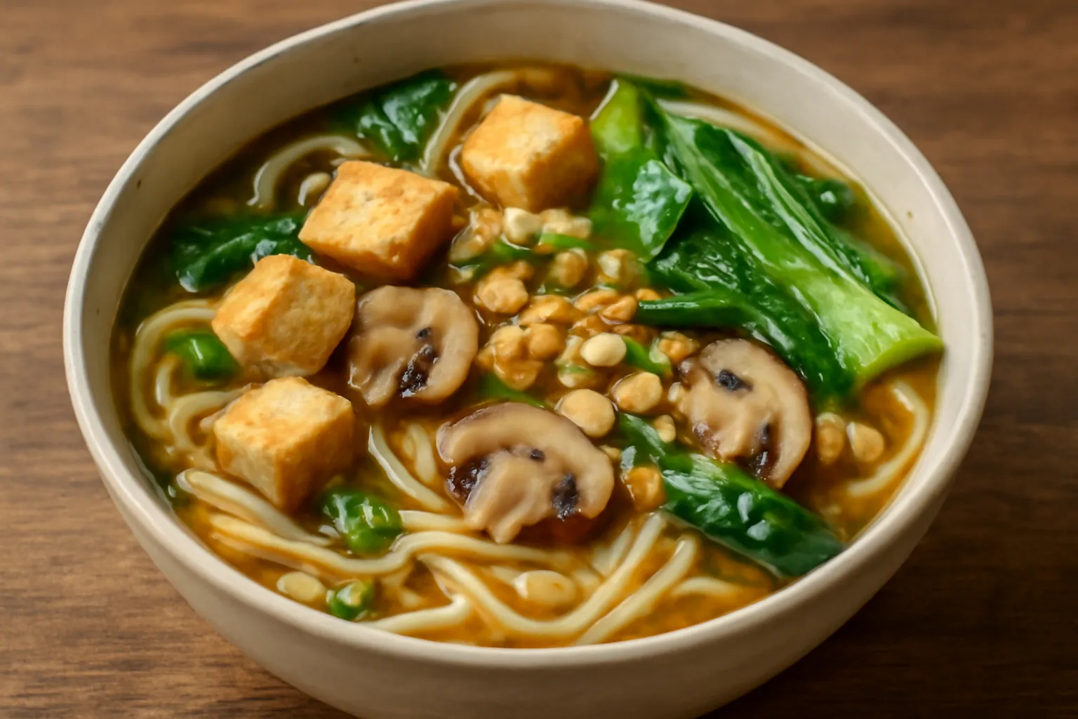 Tô bún chay với đậu phụ nấm và đậu phộng bày đầy đủ