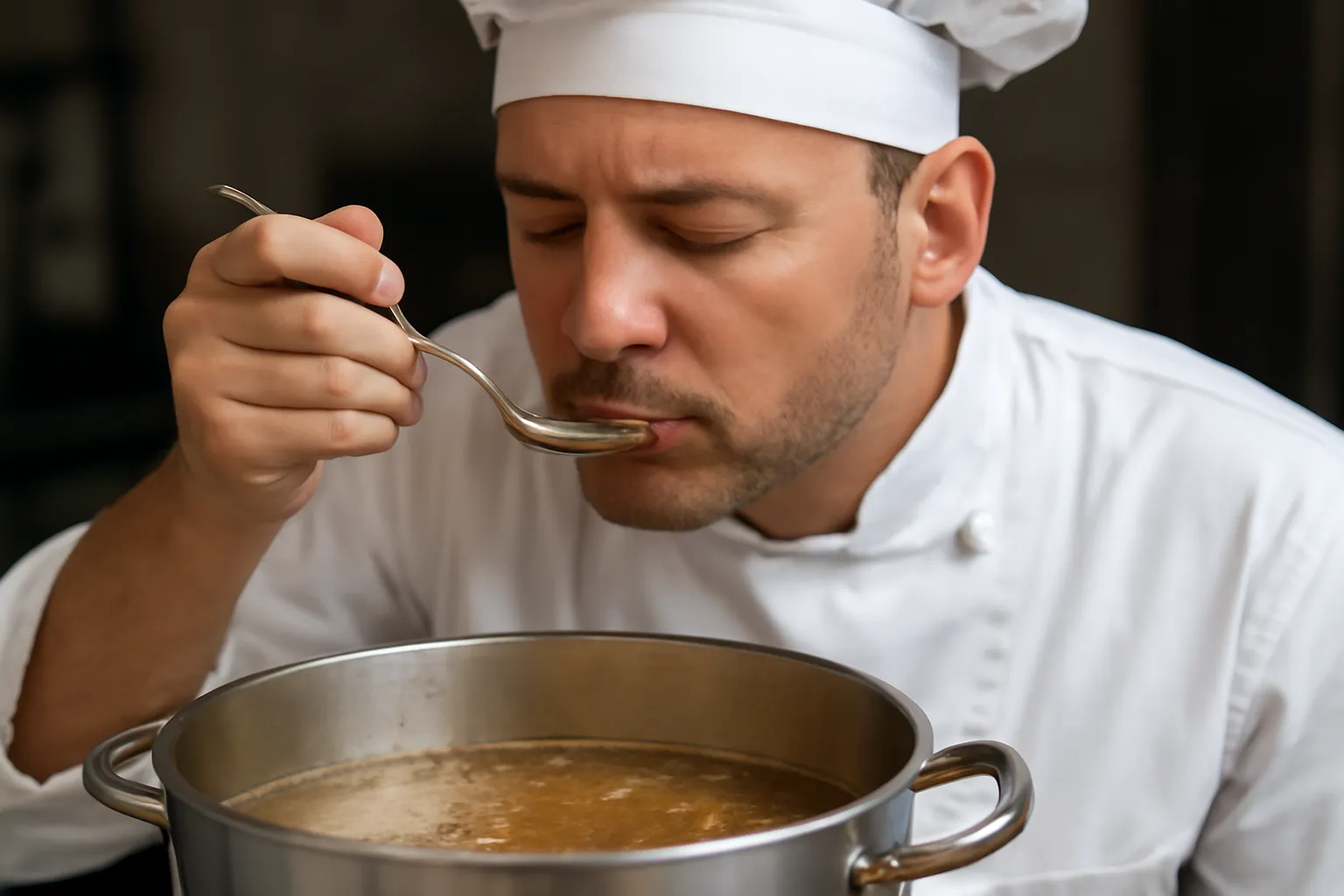 Người nấu nếm thử nước dùng bằng thìa nhỏ
