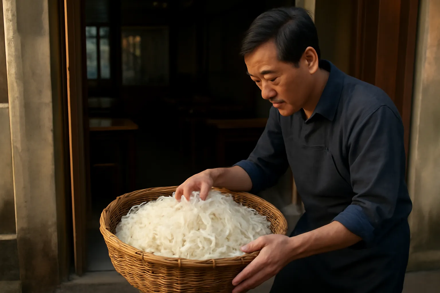 Người bán kiểm tra rổ bún vừa được giao tới quán
