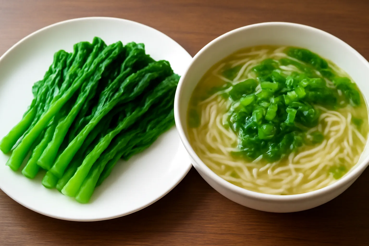Đĩa rau chần xanh mướt bày cạnh tô bún