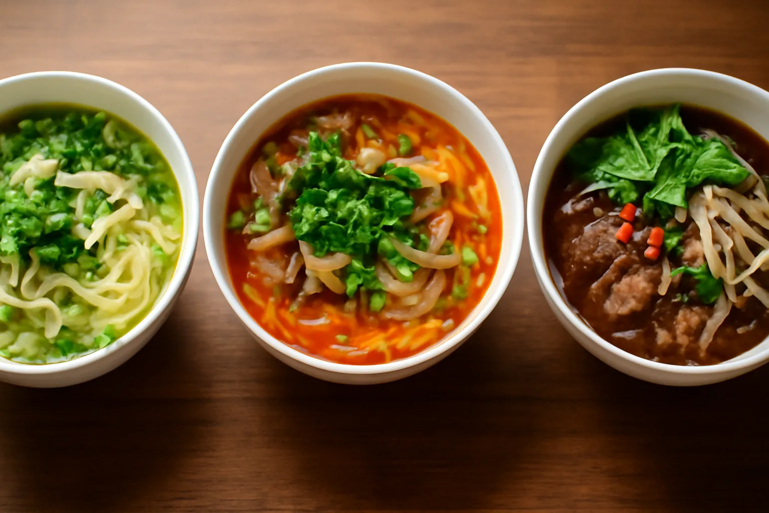 Ba tô bún khác nhau đặt cạnh nhau để so sánh