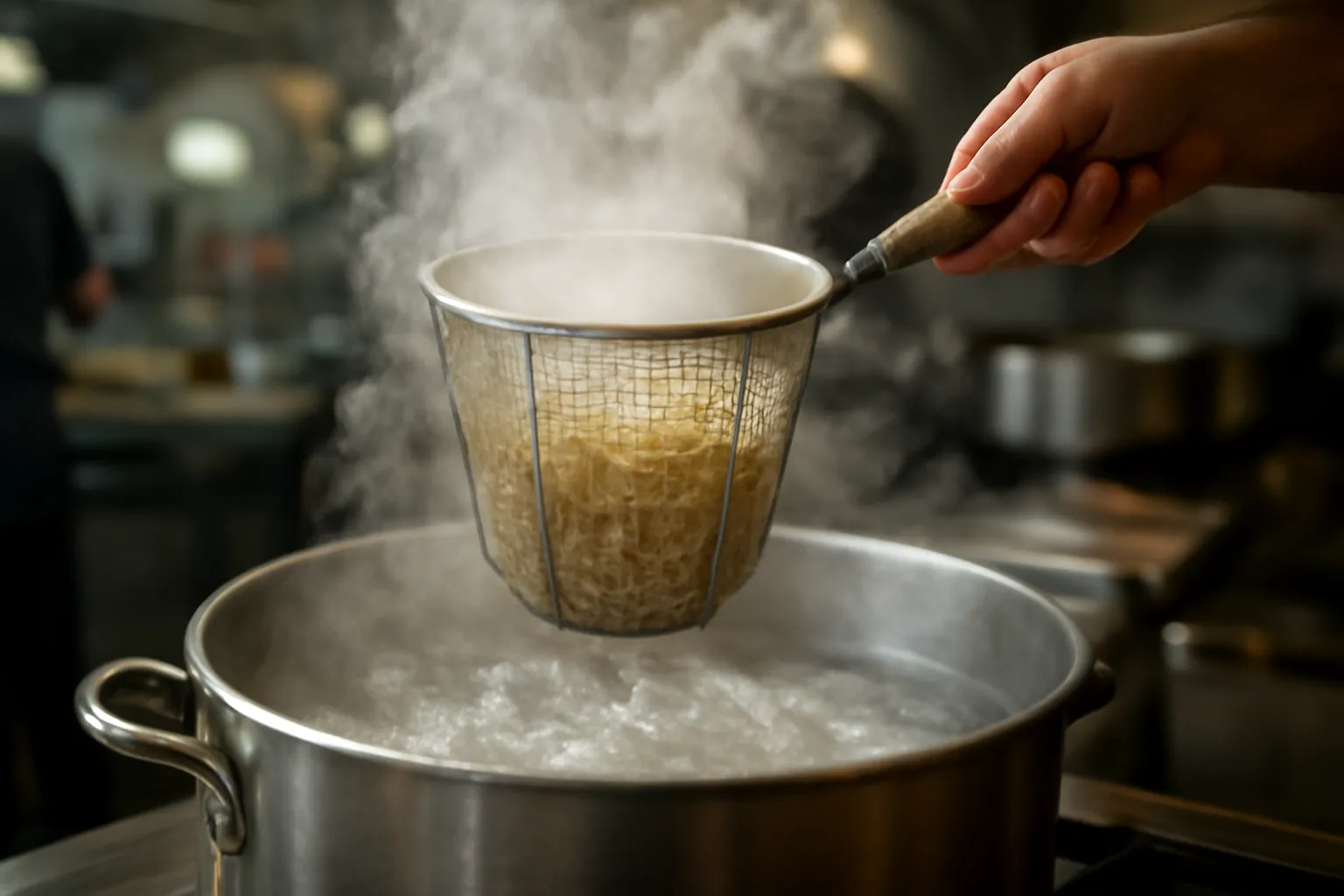 Rổ bún đang được trụng trong nồi nước sôi